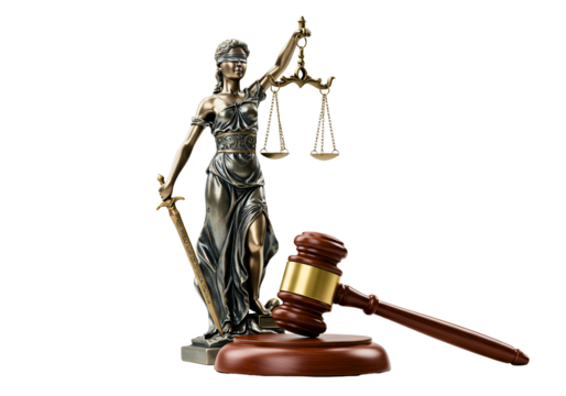 Justice statue and wooden gavel isolated on transparent background