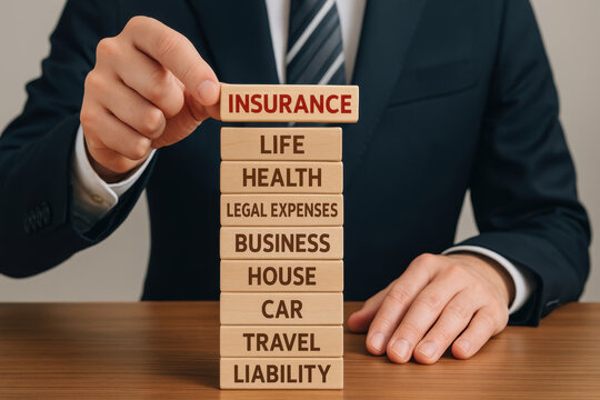A man is holding a stack of wooden blocks with the word insurance on top. The blocks are labeled with different categories such as life, health, legal expenses, business, house, car, travel