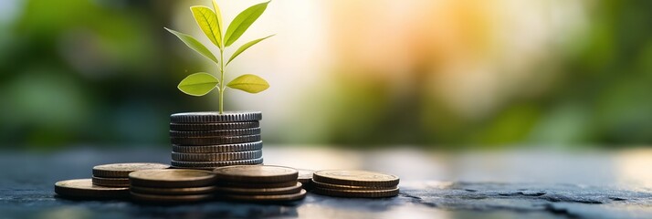 Stack of coins with growing plant symbolizing green finance, eco investment, or sustainability for blog or website header, 3:1 banner image in natural tones with copy space on right