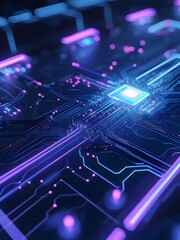 Obraz premium A futuristic blue electronic circuit board pulsates with digital data lines, illustrating the intricate technology and communication network of the internet