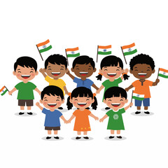 Multicultural Kids Holding Indian Flags in Unity, Flat Vector Icon