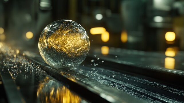 A glowing sphere rolls along a metallic surface, surrounded by industrial elements.