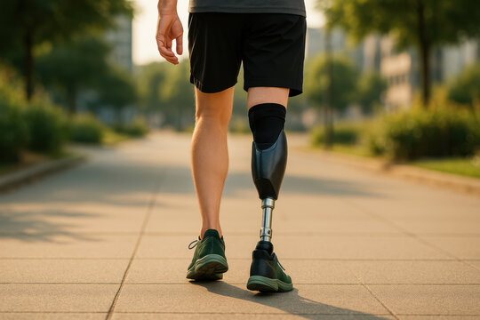 A man with a prosthetic leg walks down a sidewalk. Concept of determination and resilience, as the man continues to walk despite his disability