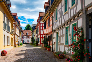 Idstein is a picturesque small city in Taunus Hessen Germany near Wiesbaden and Frankfurt. The old town with colorful truss houses and half timbering is a tourist attraction on a sunny summer day.