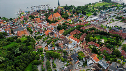 Aerial view of the old town of the city Schleswig, 24837 in Germany on an overcast day in afternoon