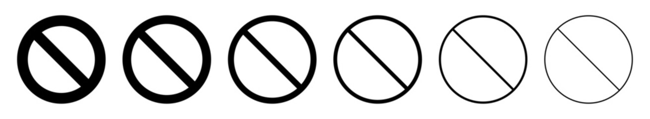 Collection of prohibition signs with diagonal lines in circular outlines. Vector icons representing no entry, restricted access, forbidden zones, or general prohibition warnings. Icons, vector.