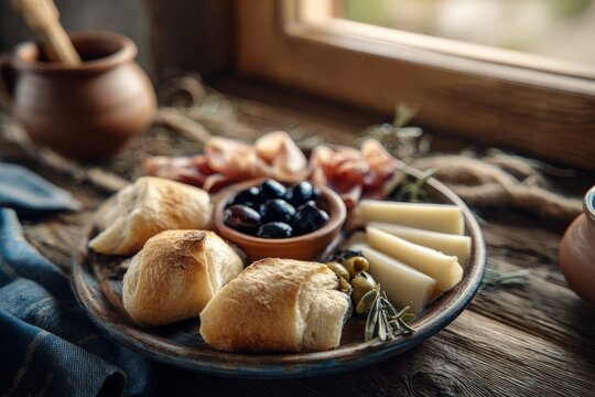 Rustic breakfast platter with bread, cheese, olives, and prosciutto on a wooden table