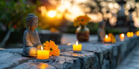 Buddha statue surrounded by candles and flowers during sunset at a tranquil garden