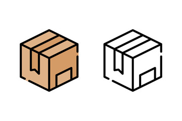 Flat and outline isometric icon of a closed cardboard shipping box with tape and label detail. Perfect for use in e-commerce websites, delivery app interfaces, logistics and courier service