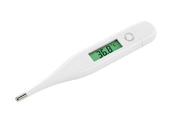 White digital thermometer displaying 36 8 degrees celsius isolated on transparent background