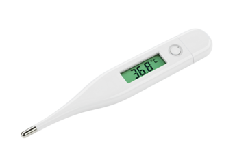 White digital thermometer displaying 36 8 degrees celsius isolated on transparent background