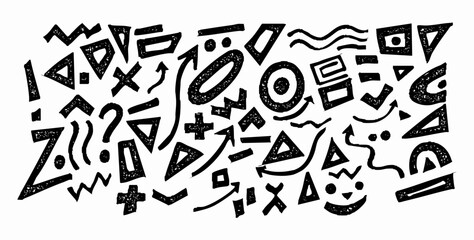 Hand Drawn Grunge Geometric Shapes and Arrows, Abstract Pattern and Background Vector Set