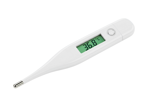 White digital thermometer displaying 36 8 degrees celsius isolated on transparent background