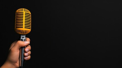 Vintage Microphone in Hand, Against Black Background