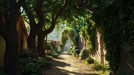 Serene Pathway Under Sunlight: A tranquil path, shaded by lush green trees and foliage, invites exploration. It depicts a peaceful scene, illuminated by gentle sunlight.