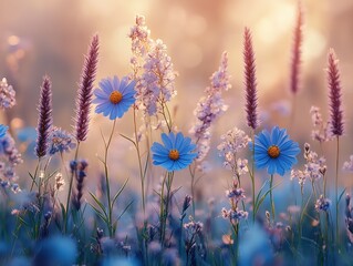 Obraz premium Blurred background of misty meadow, delicate wildflowers in dreamy greens and blues