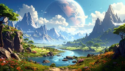 Fantasy Landscape River with Mountains, and Alien Planet.