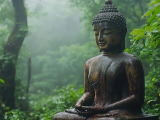 Serene Buddha Statue Surrounded by Lush Green Forest Mist