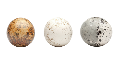 Three speckled quail eggs standing in a row isolated on white transparent background