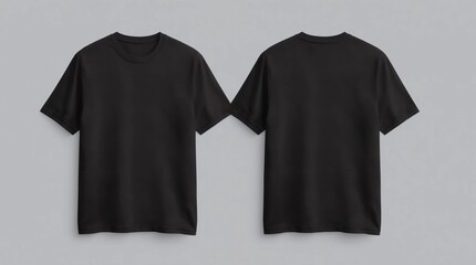 Black t shirt front and back view, isolated on white background. Ready for your mock up design template