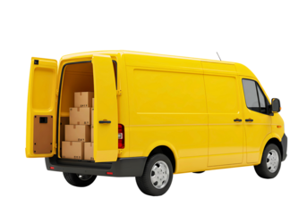Yellow delivery van loaded with cardboard boxes