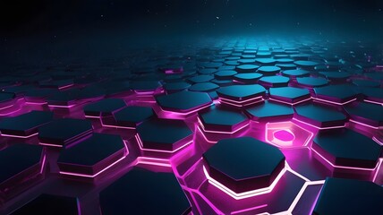 Obraz premium Abstract 3D Hexagonal Grid with Glowing Pink Lines and Blue Background