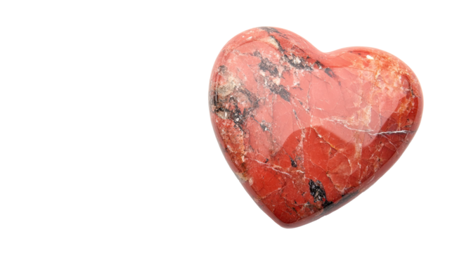 Polished red stone shaped like heart, mineral object  isolated on white transparent background