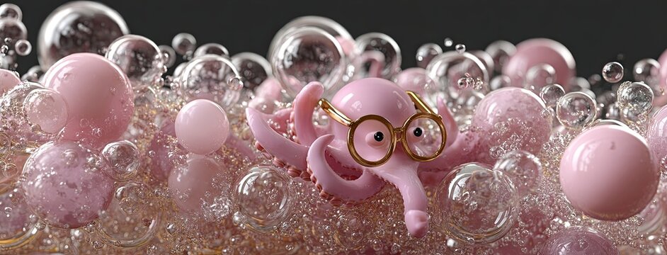 Cute 3D octopus wearing glasses surrounded by bubbles in a vibrant, cartoon style with high resolution and detailed textures