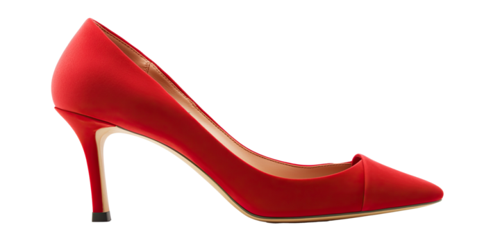 Stylish red stiletto heel with pointed toe, feminine footwear  isolated on white transparent background