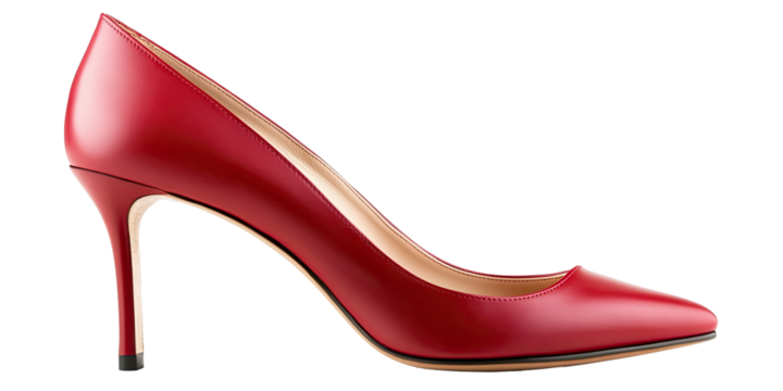Classic red dress shoe with thin heel and smooth texture isolated on white transparent background