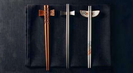 Elegant Chopsticks Showcase: A Study in Texture and Form, Perfect for High-End Dining Concepts & Asian Food Artistry. Sleek Lines & Dark Background