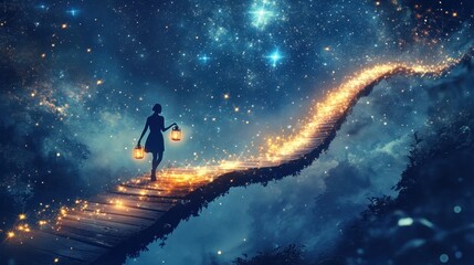 Dream Weaver's Journey: A silhouetted figure navigates a celestial path, lantern light illuminating their hopeful voyage against the backdrop of a twinkling night sky.