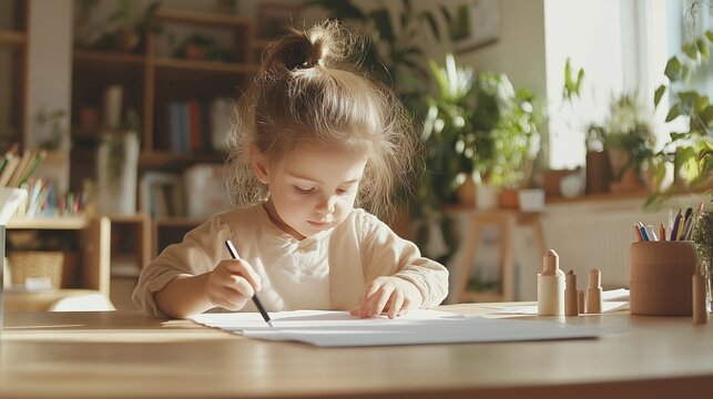 Young child engaged in drawing at a cozy indoor workspace filled with plants and natural light during the morning