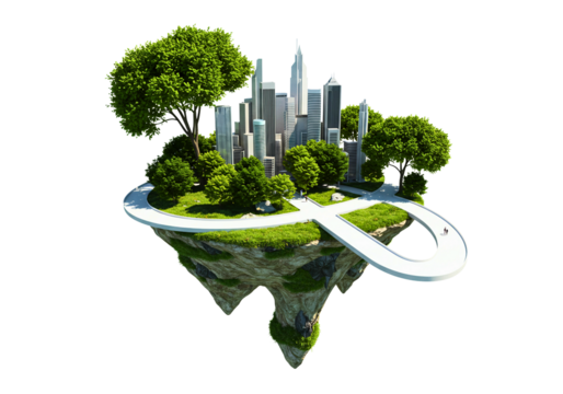 Futuristic eco friendly city on a floating island with lush greenery and modern architecture isolated on transparent background