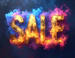 Fiery Gold SALE Sign with Smoke, Discount, and Promotion.