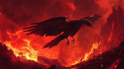 Raven soaring through fiery landscape: A majestic raven soars through a hellscape of fire, against a fiery backdrop. An evocative, powerful image.