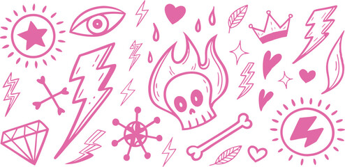Handdrawn pink illustrations of various objects including hearts lightning bolts skull crown sun on background