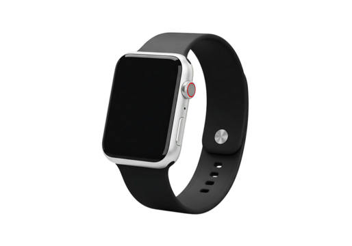 Modern dark gray smartwatch with black band isolated on transparent background