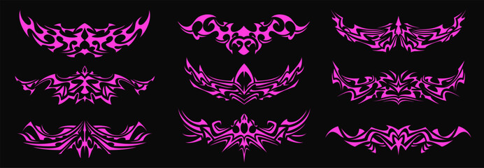 Vector set of pink tribal tattoo designs on black background. A modern twist on traditional tribal art, perfect for edgy fashion, digital graphics, and neon-inspired illustrations.