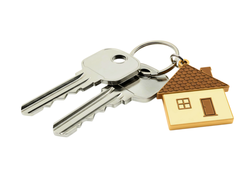 Two silver keys with a golden house keychain isolated on transparent background