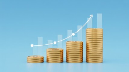Stacks of golden coins increasing in height with an upward trending line on a blue background