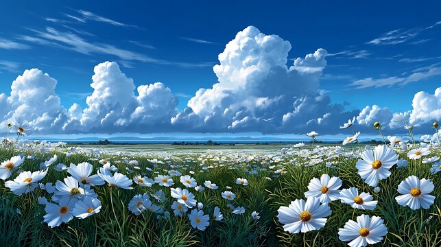 Vast field of white cosmos flowers under a dramatic blue sky with fluffy white clouds