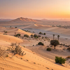 Title: Expansive Desert Landscape at Sunset with Sand Dunes and Sparse Vegetation

