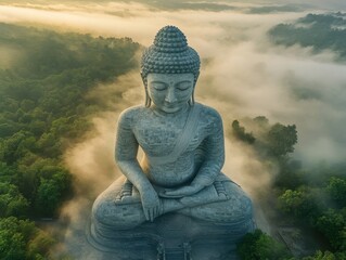 Serene Buddha Statue Overlooking Misty Forest at Dawn