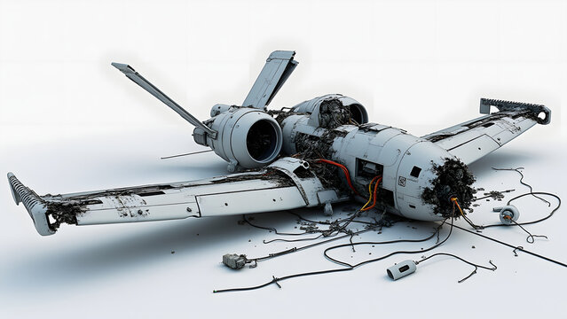 Futuristic war drone wreckage with fractured propeller and exposed wires lies abandoned on white surface, showing damage and decay - Powered by Adobe