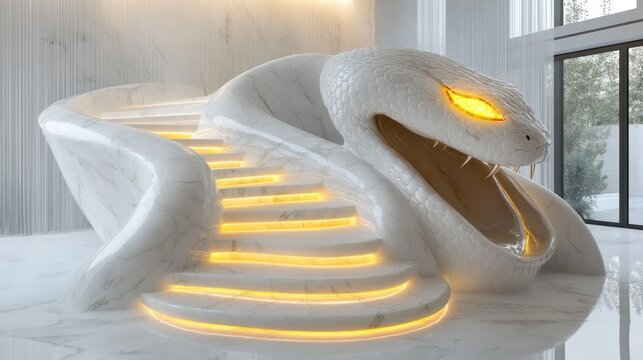 A serpentine staircase of white marble, illuminated from within, features a cobra's head as its centerpiece, set in a modern interior