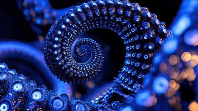 A swirling octopus tentacle with detailed textured surface and bright circles