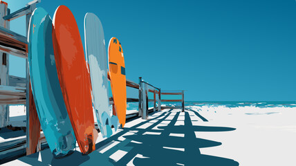 Colorful surfboards lined up against wooden fence on a sunny beach, casting long shadows on the sand,  vibrant coastal atmosphere with clear blue skies, beachside background