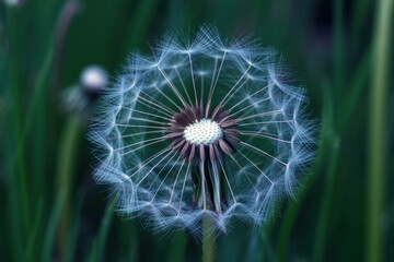 Fototapeta premium Close up of a dandelion seed head with blurred green background in a garden setting outdoors