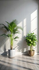 Two potted green plants casting shadows on a light gray wall and wooden floor leaves foliage